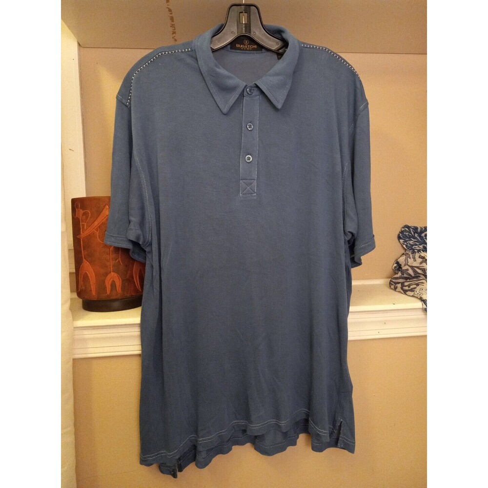 Bugatchi Uomo Mens Blue Short Sleeve Stitched Polo‎ Size Large